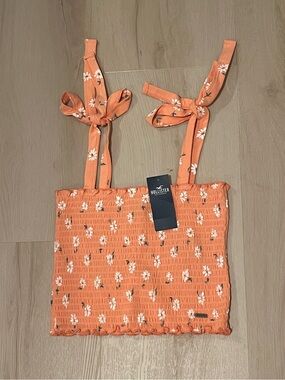 Hollister Coral Floral Tie-Shoulder Smocked Top